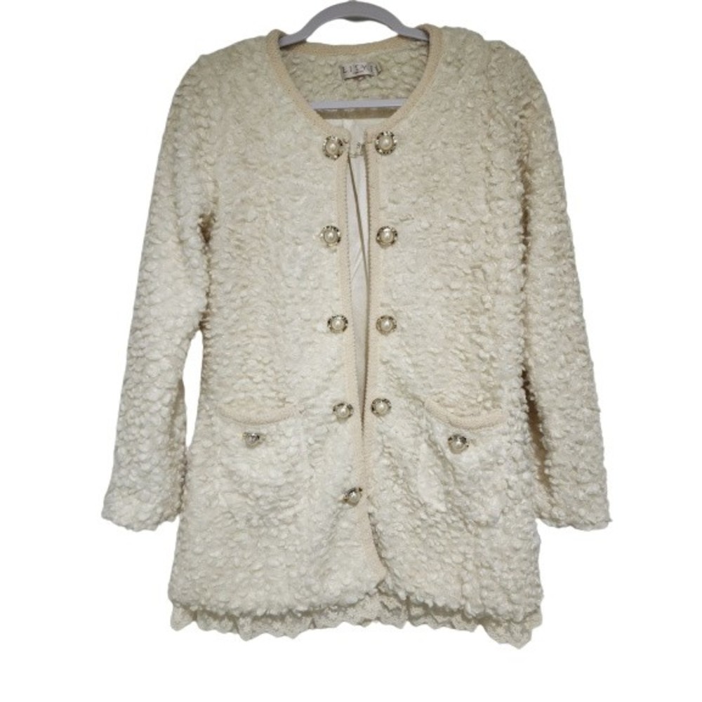 Vintage Lily J London Womens Teddy Cardigan Jacket Size S/M Ivory Lace Lined